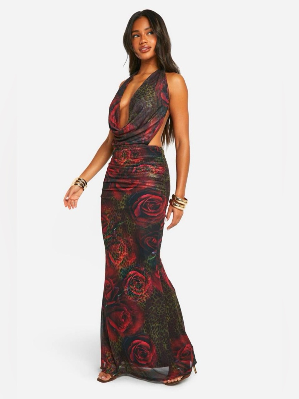 Boohoo Mixed Print Leopard Plunge Ruched Bum Maxi Dress - Picture 5 of 8